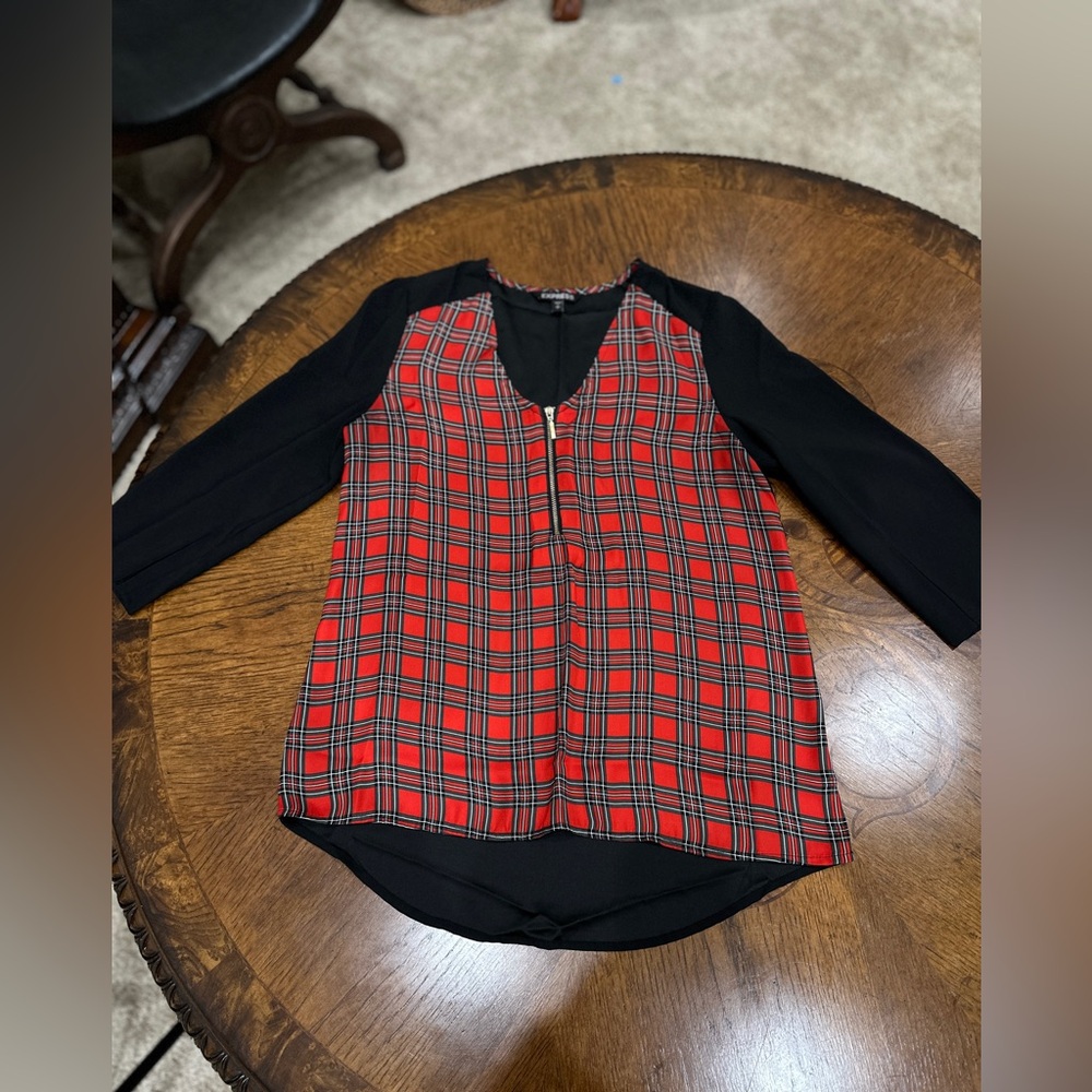 Express Top Small Red Plaid Zip‎ Front 3/4 Sleeve Career Office - Picture 9 of 9